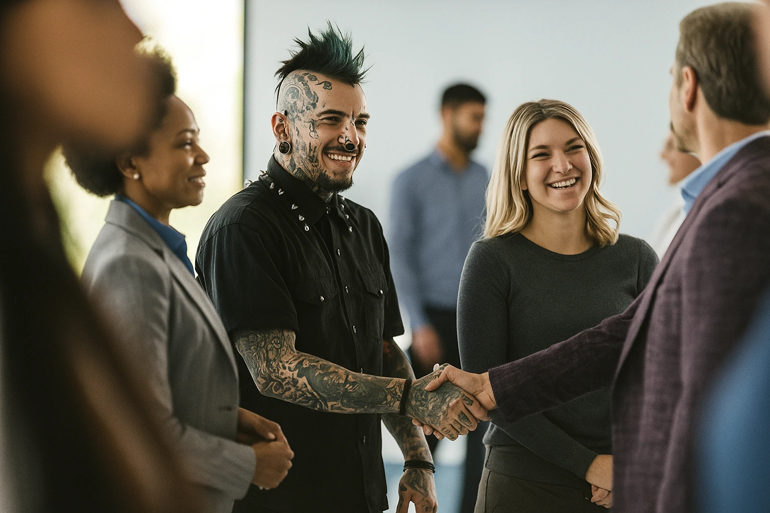 Professional business meeting with diverse group including tattooed man shaking hands in modern office setting.